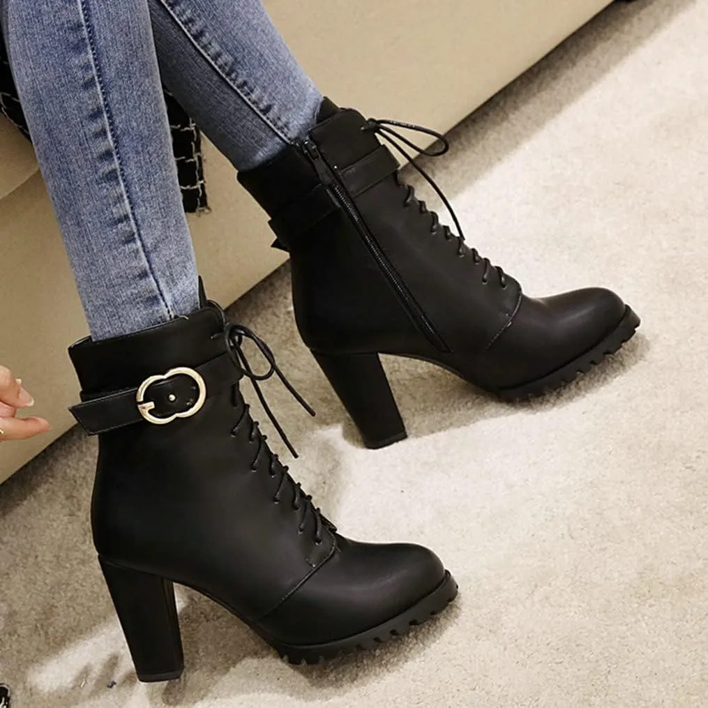 Meefit Women Chunky Heeled Lace Up Ankle Boots Closed Toe Winter Booties with Zipper