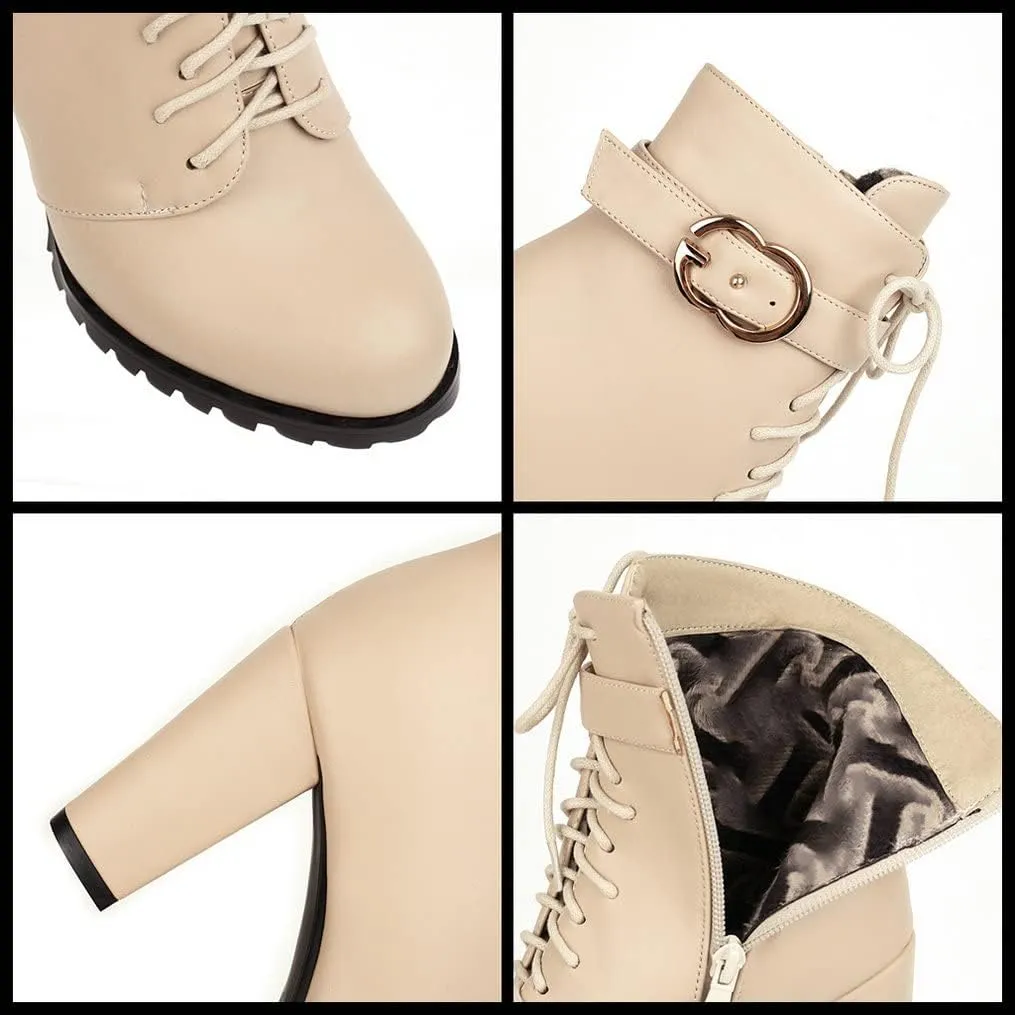 Meefit Women Chunky Heeled Lace Up Ankle Boots Closed Toe Winter Booties with Zipper