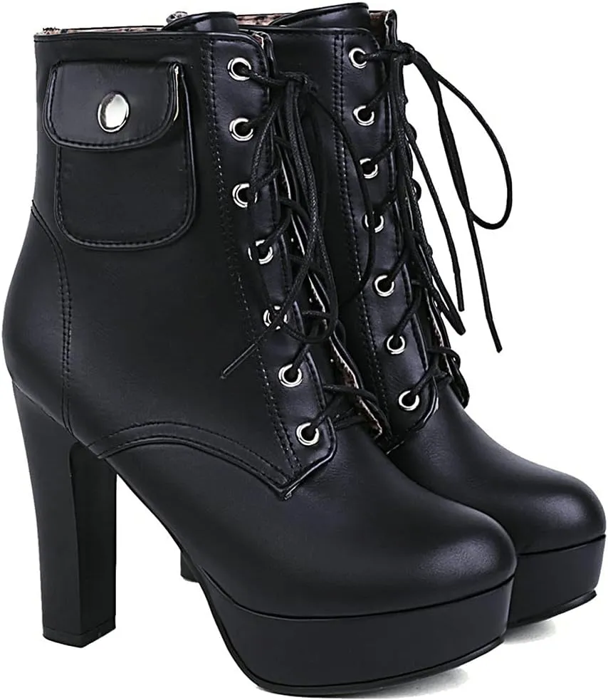 Meefit Women Chunky Heeled Lace Up Platform Booties Block High Heel Winter Ankle Boots