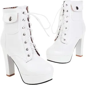 Meefit Women Chunky Heeled Lace Up Platform Booties Block High Heel Winter Ankle Boots