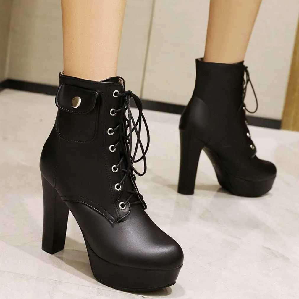 Meefit Women Chunky Heeled Lace Up Platform Booties Block High Heel Winter Ankle Boots