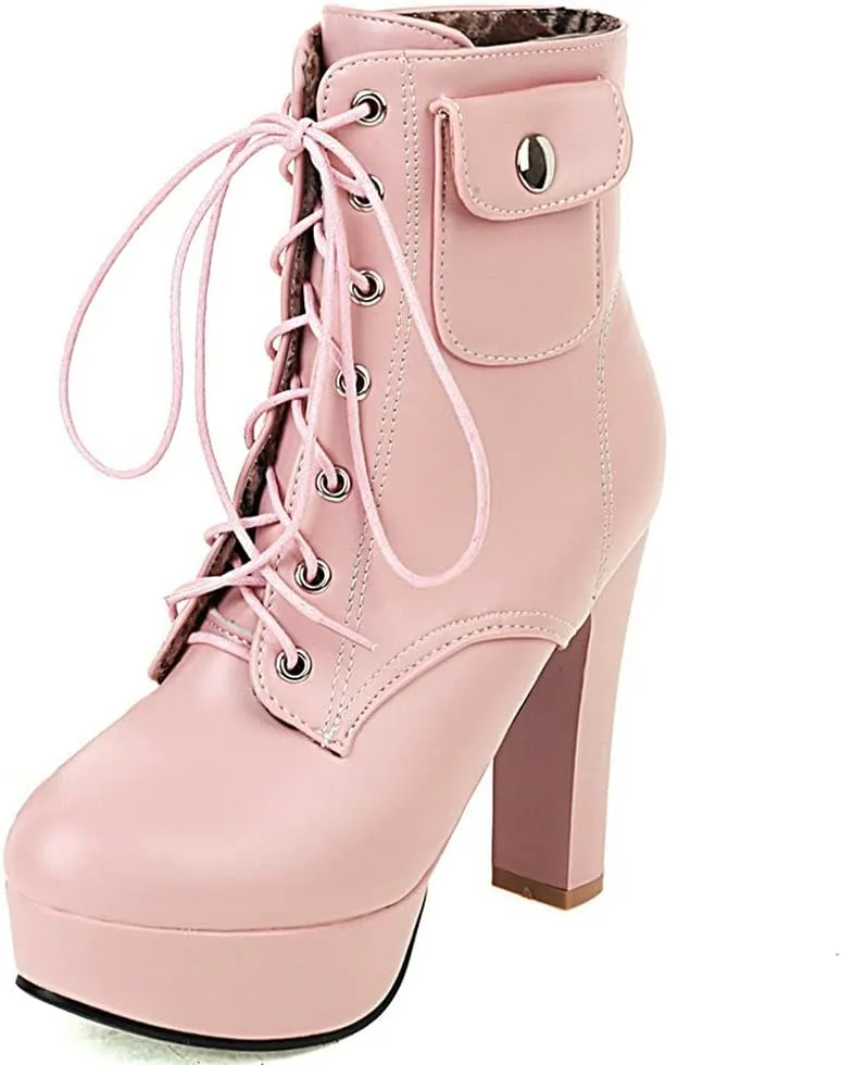 Meefit Women Chunky Heeled Lace Up Platform Booties Block High Heel Winter Ankle Boots