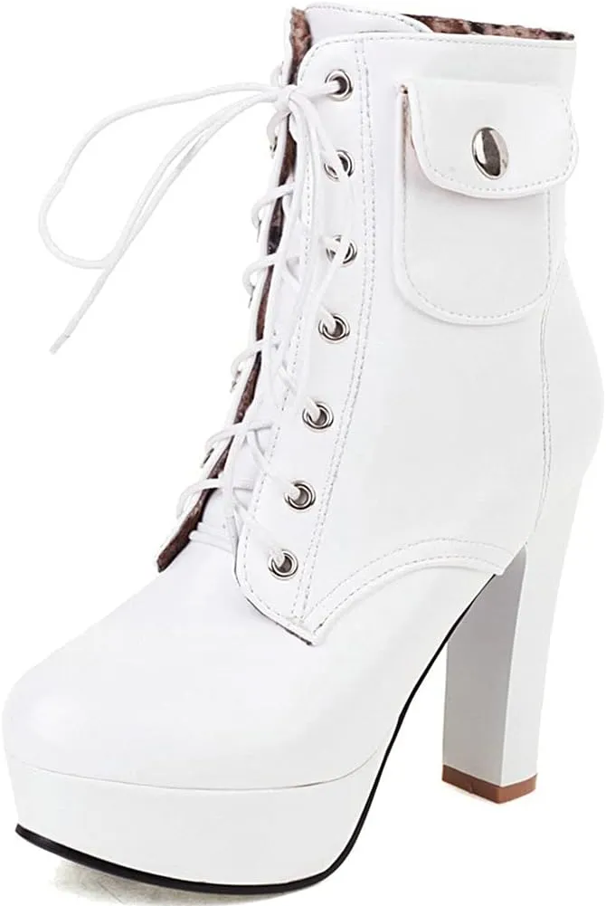 Meefit Women Chunky Heeled Lace Up Platform Booties Block High Heel Winter Ankle Boots