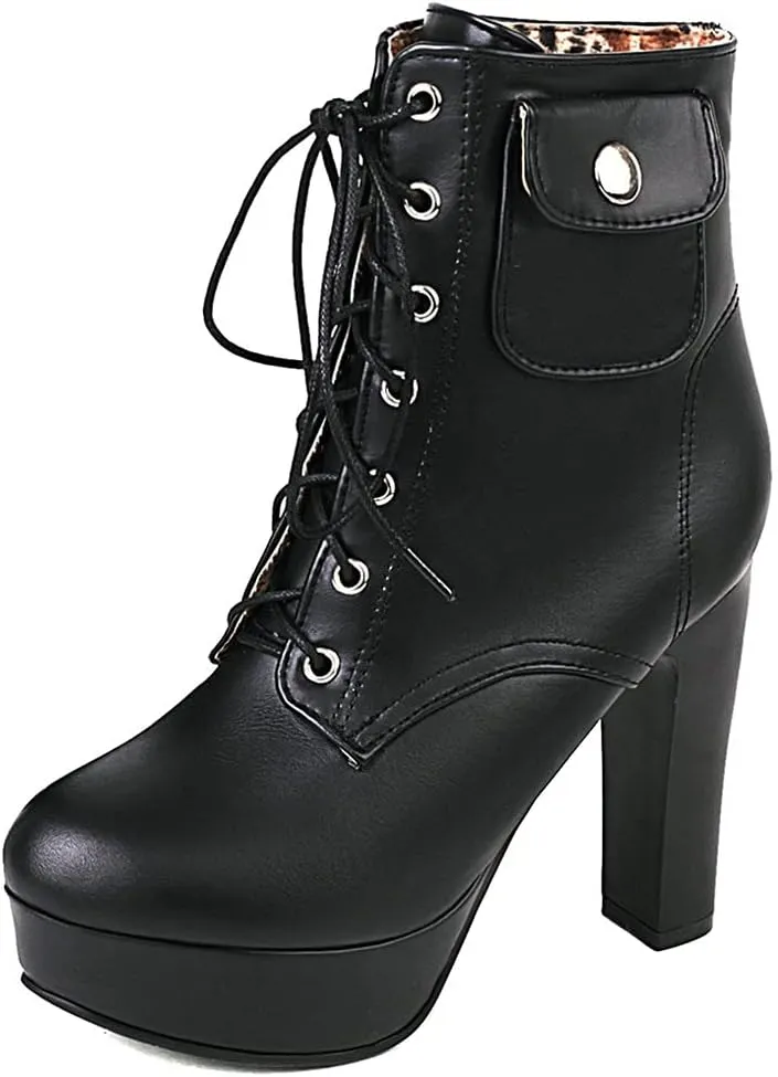Meefit Women Chunky Heeled Lace Up Platform Booties Block High Heel Winter Ankle Boots