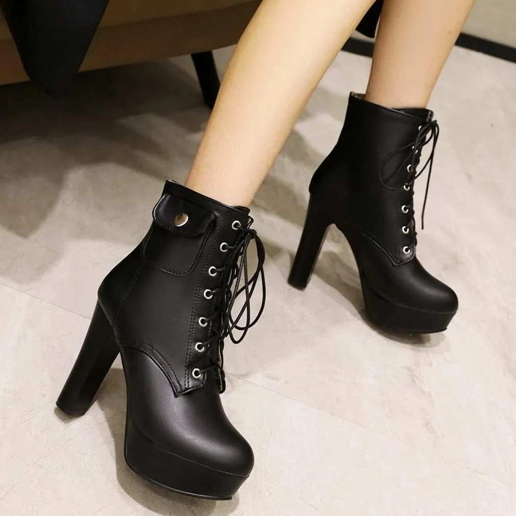 Meefit Women Chunky Heeled Lace Up Platform Booties Block High Heel Winter Ankle Boots