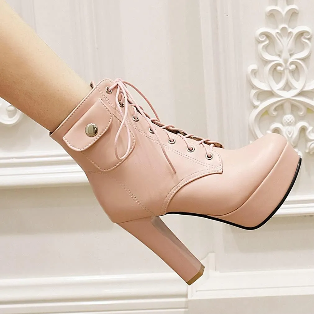 Meefit Women Chunky Heeled Lace Up Platform Booties Block High Heel Winter Ankle Boots