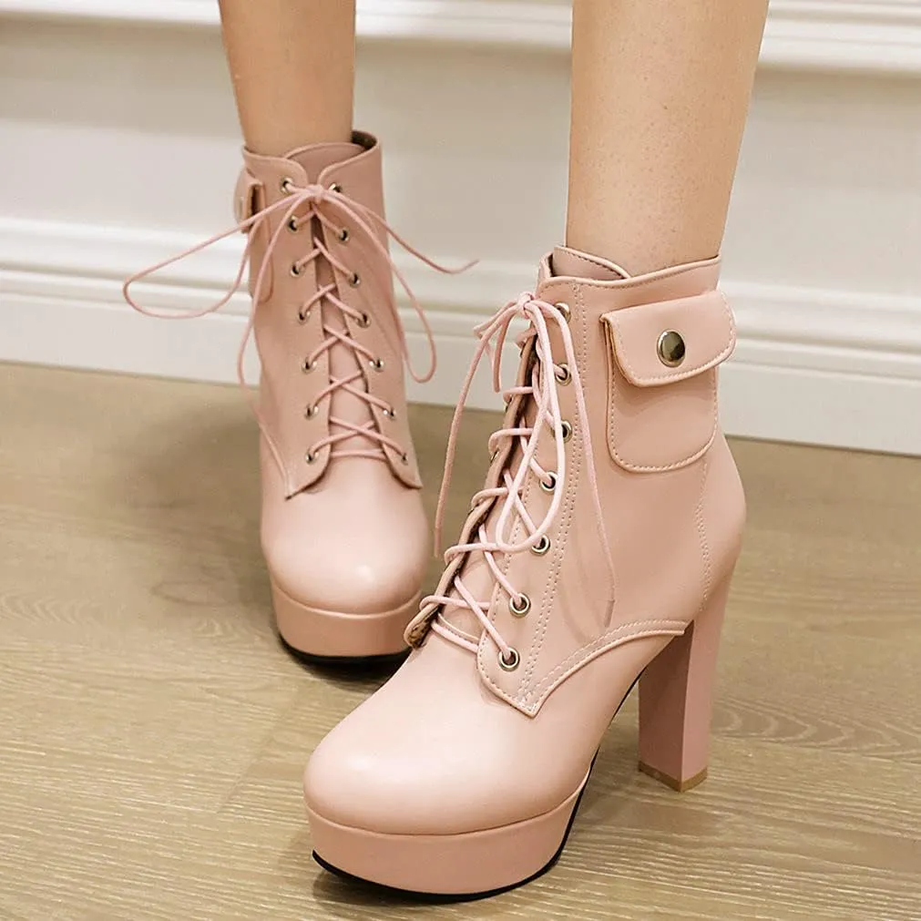 Meefit Women Chunky Heeled Lace Up Platform Booties Block High Heel Winter Ankle Boots
