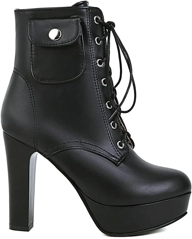 Meefit Women Chunky Heeled Lace Up Platform Booties Block High Heel Winter Ankle Boots