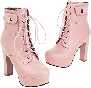 Meefit Women Chunky Heeled Lace Up Platform Booties Block High Heel Winter Ankle Boots