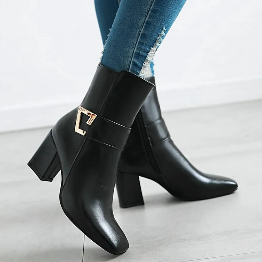 Meefit Women Chunky Heeled Square Toe Ankle Boots Block Heel Gogo Boots