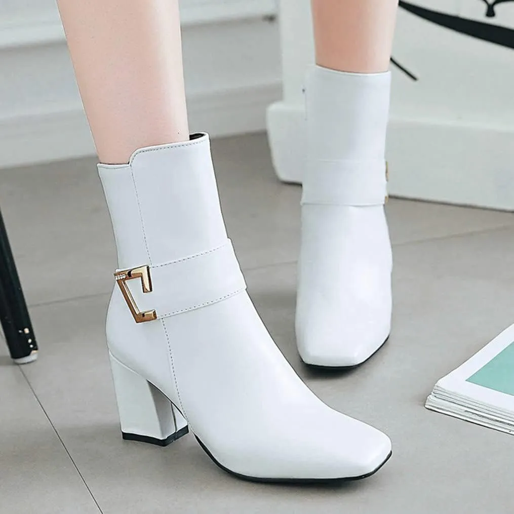 Meefit Women Chunky Heeled Square Toe Ankle Boots Block Heel Gogo Boots