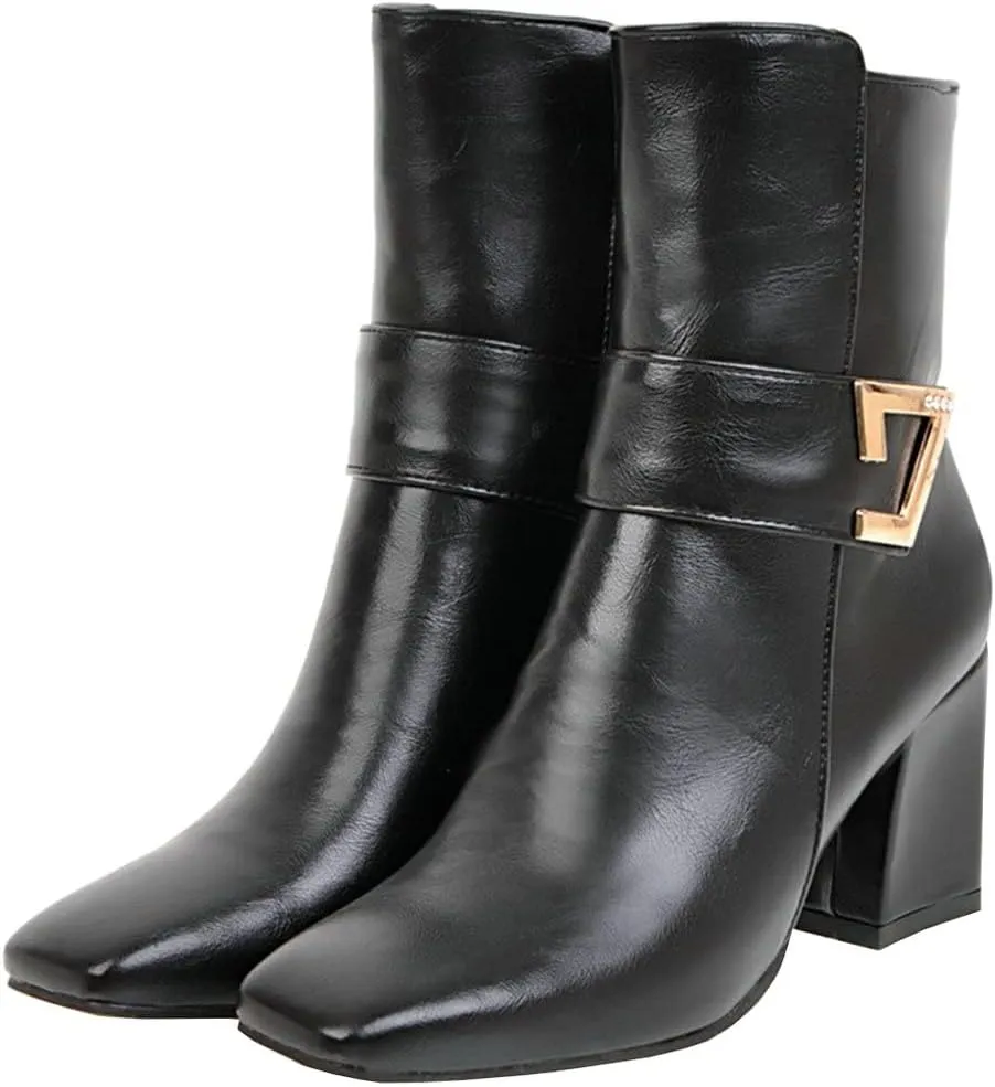 Meefit Women Chunky Heeled Square Toe Ankle Boots Block Heel Gogo Boots