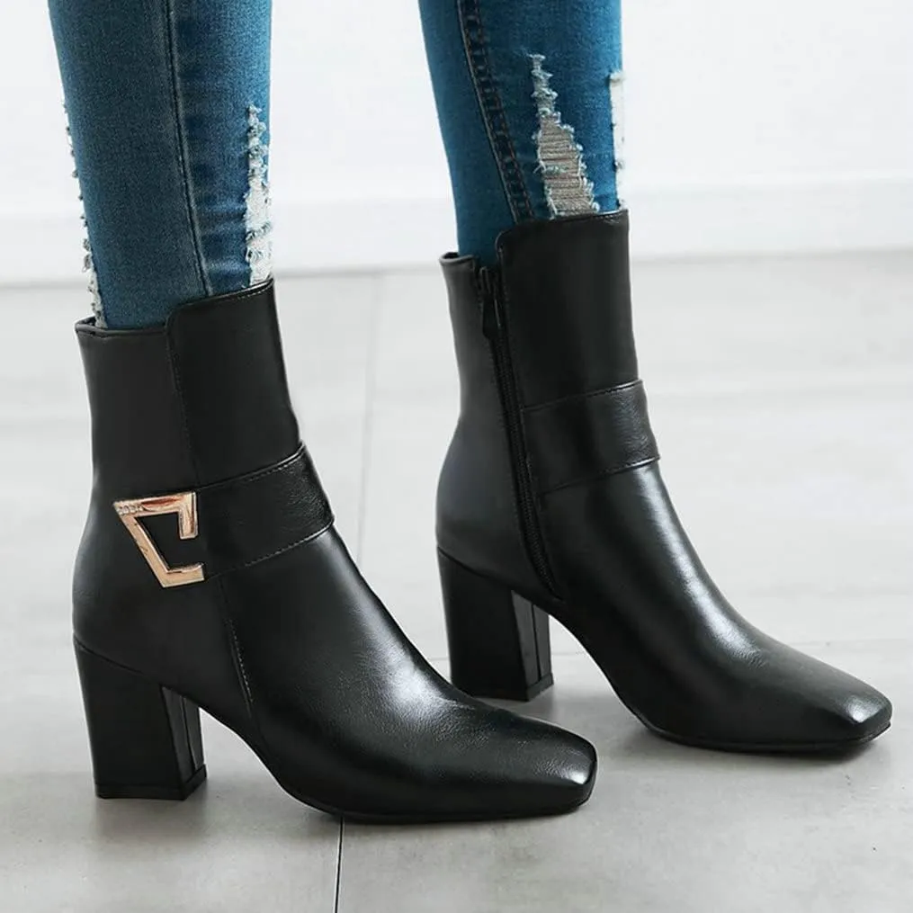 Meefit Women Chunky Heeled Square Toe Ankle Boots Block Heel Gogo Boots