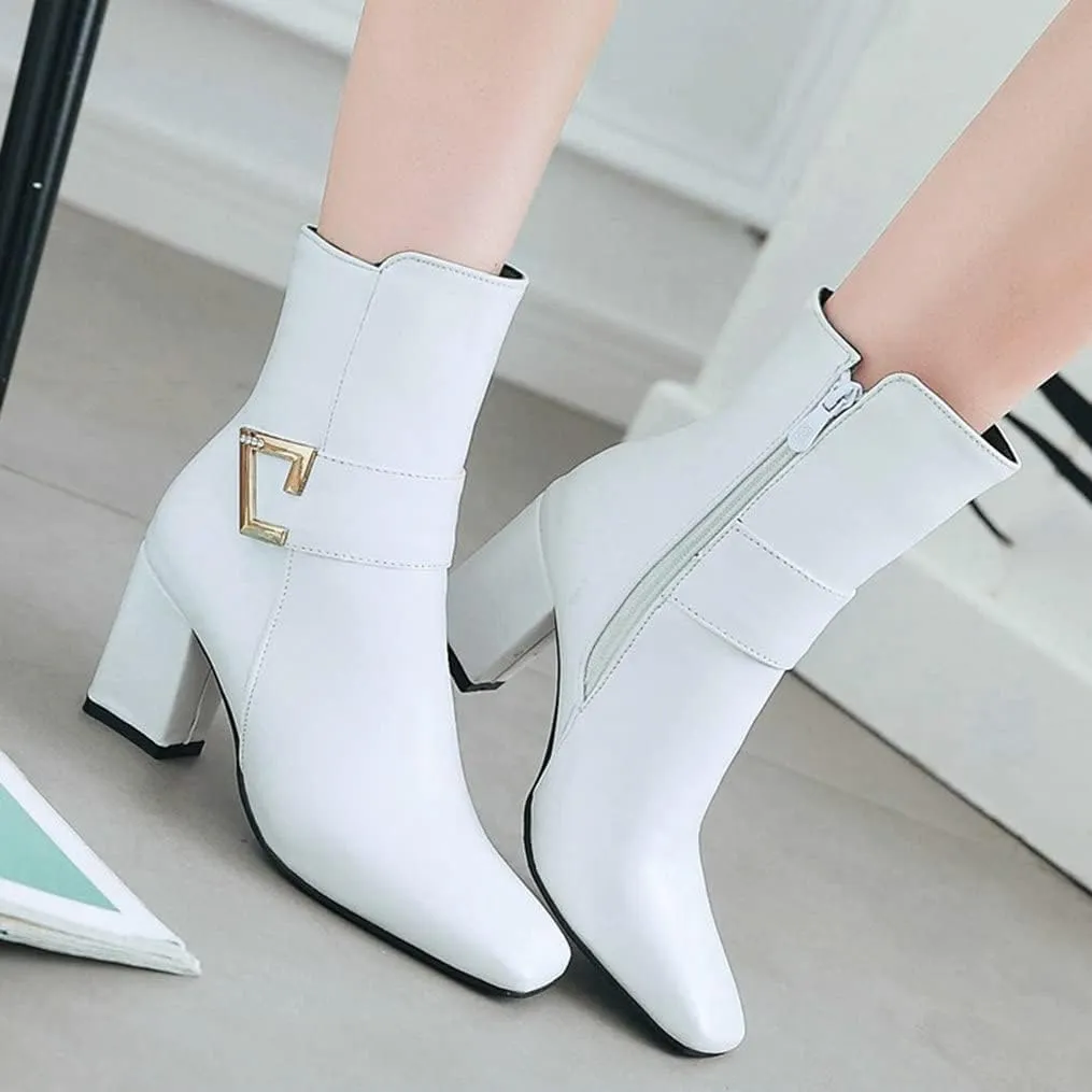 Meefit Women Chunky Heeled Square Toe Ankle Boots Block Heel Gogo Boots