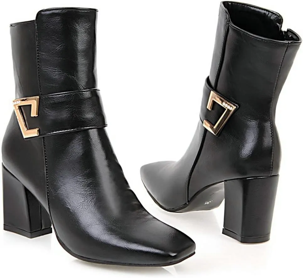 Meefit Women Chunky Heeled Square Toe Ankle Boots Block Heel Gogo Boots