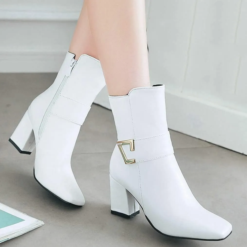 Meefit Women Chunky Heeled Square Toe Ankle Boots Block Heel Gogo Boots