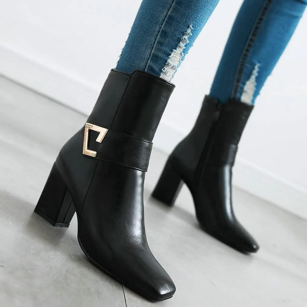 Meefit Women Chunky Heeled Square Toe Ankle Boots Block Heel Gogo Boots