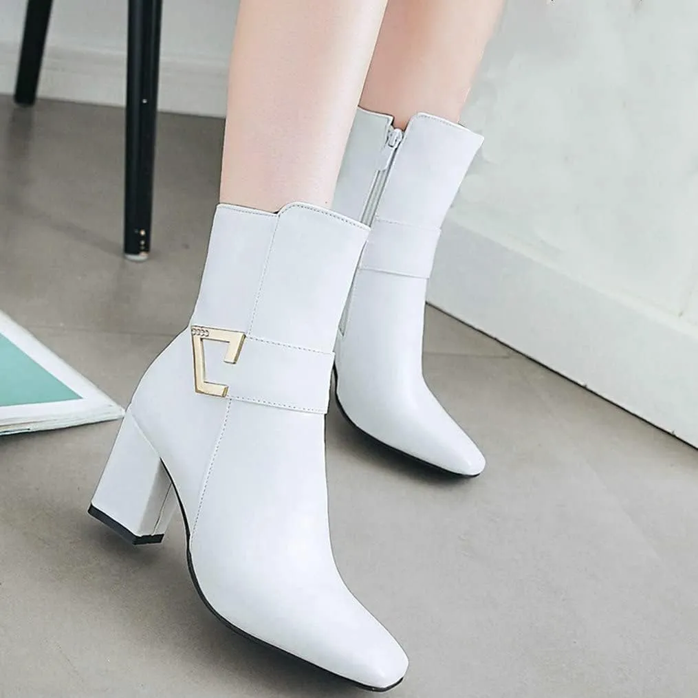 Meefit Women Chunky Heeled Square Toe Ankle Boots Block Heel Gogo Boots