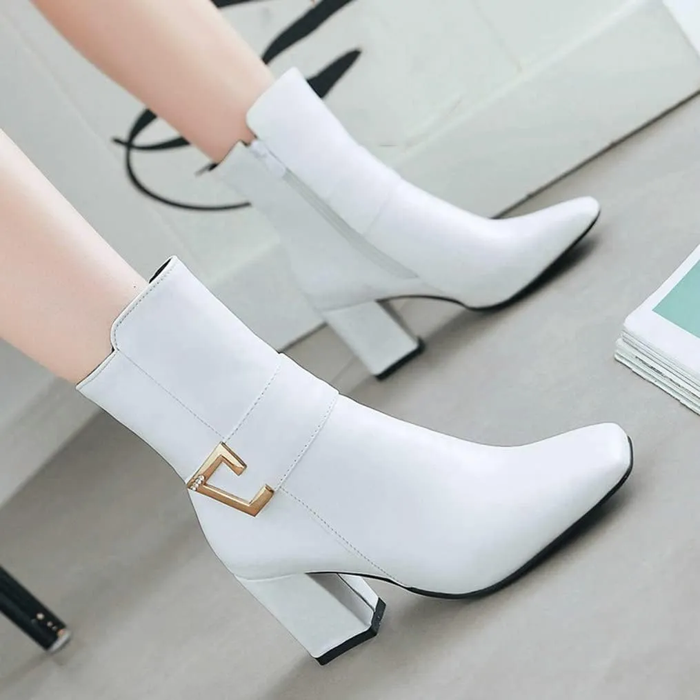 Meefit Women Chunky Heeled Square Toe Ankle Boots Block Heel Gogo Boots