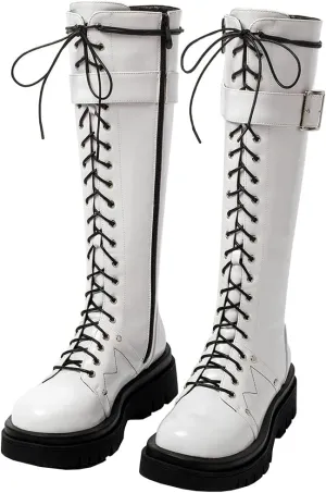 Meefit Women Goth Knee High Platform Boots Lace Up Chunky Heel Combat Tall Boots