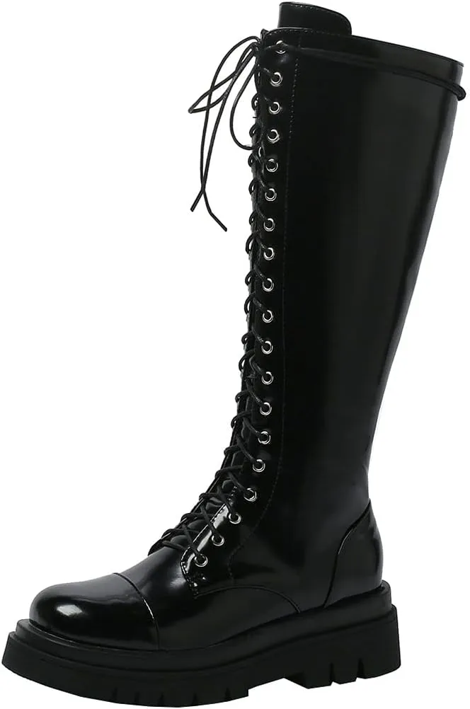 Meefit Women Goth Knee High Platform Boots Lace Up Chunky Heel Combat Tall Boots