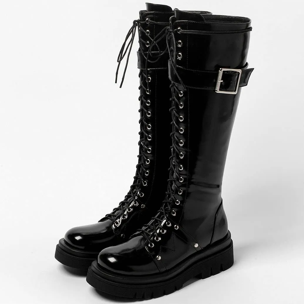Meefit Women Goth Knee High Platform Boots Lace Up Chunky Heel Combat Tall Boots