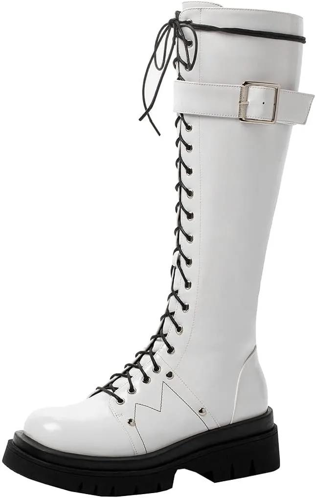 Meefit Women Goth Knee High Platform Boots Lace Up Chunky Heel Combat Tall Boots