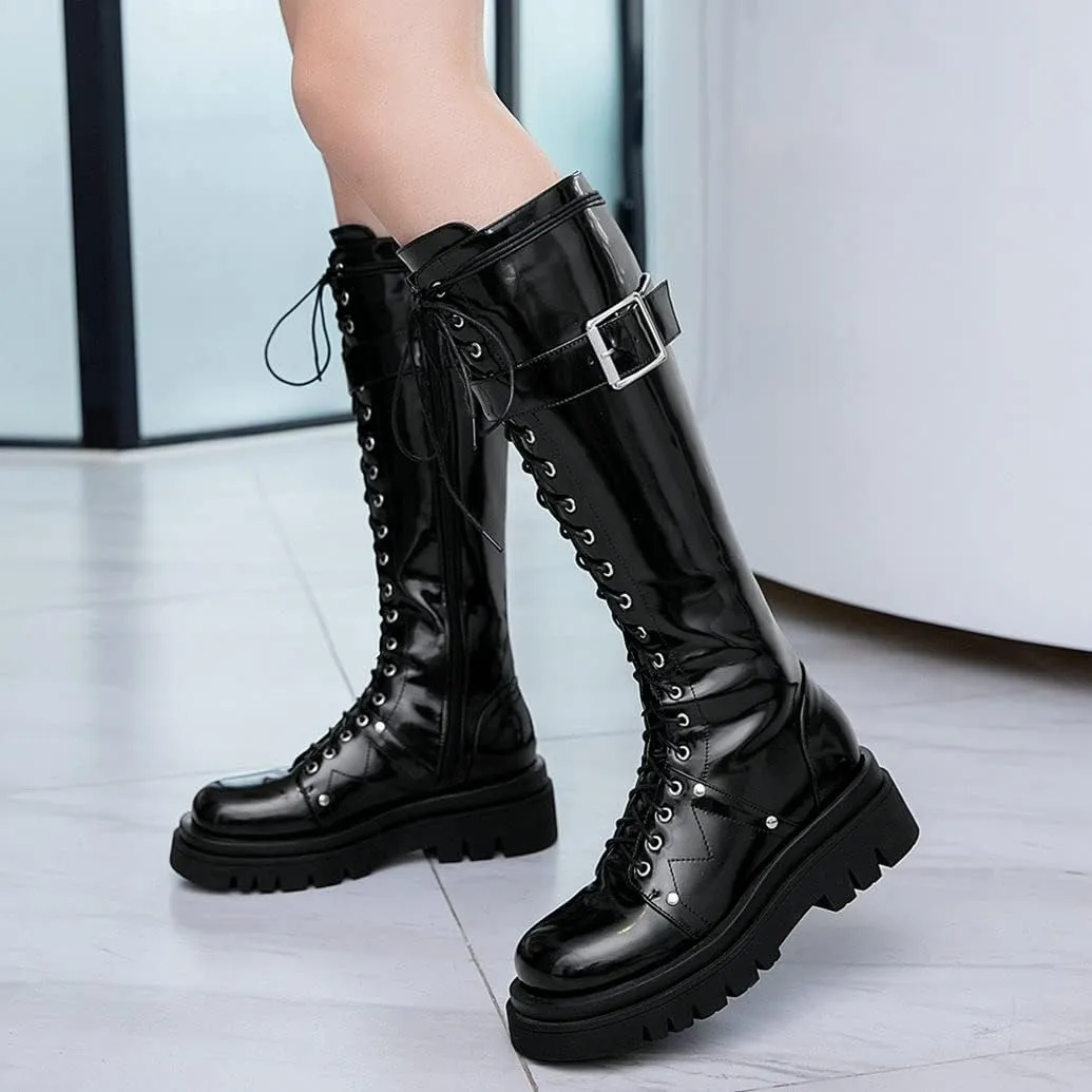 Meefit Women Goth Knee High Platform Boots Lace Up Chunky Heel Combat Tall Boots