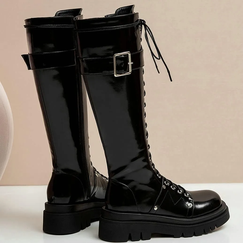 Meefit Women Goth Knee High Platform Boots Lace Up Chunky Heel Combat Tall Boots