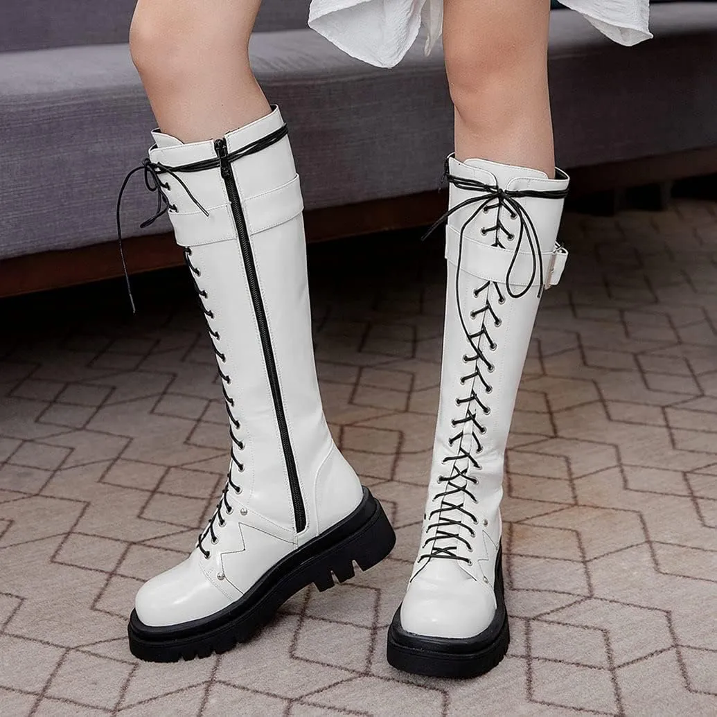 Meefit Women Goth Knee High Platform Boots Lace Up Chunky Heel Combat Tall Boots