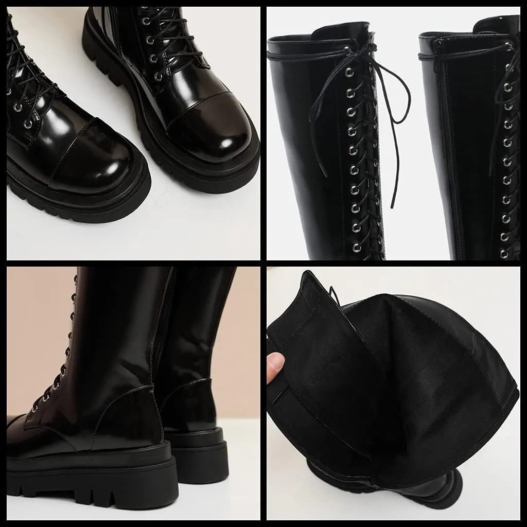 Meefit Women Goth Knee High Platform Boots Lace Up Chunky Heel Combat Tall Boots
