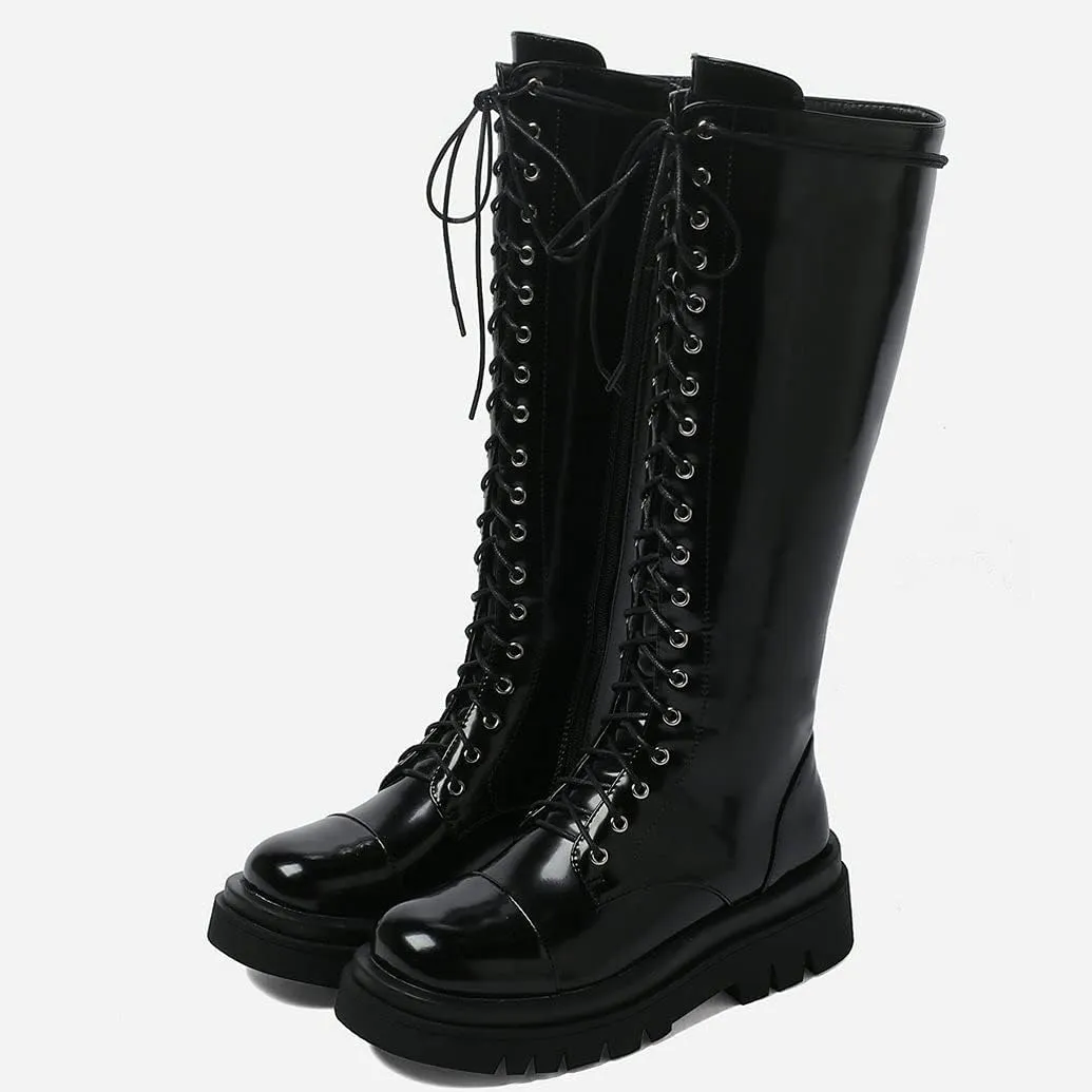 Meefit Women Goth Knee High Platform Boots Lace Up Chunky Heel Combat Tall Boots