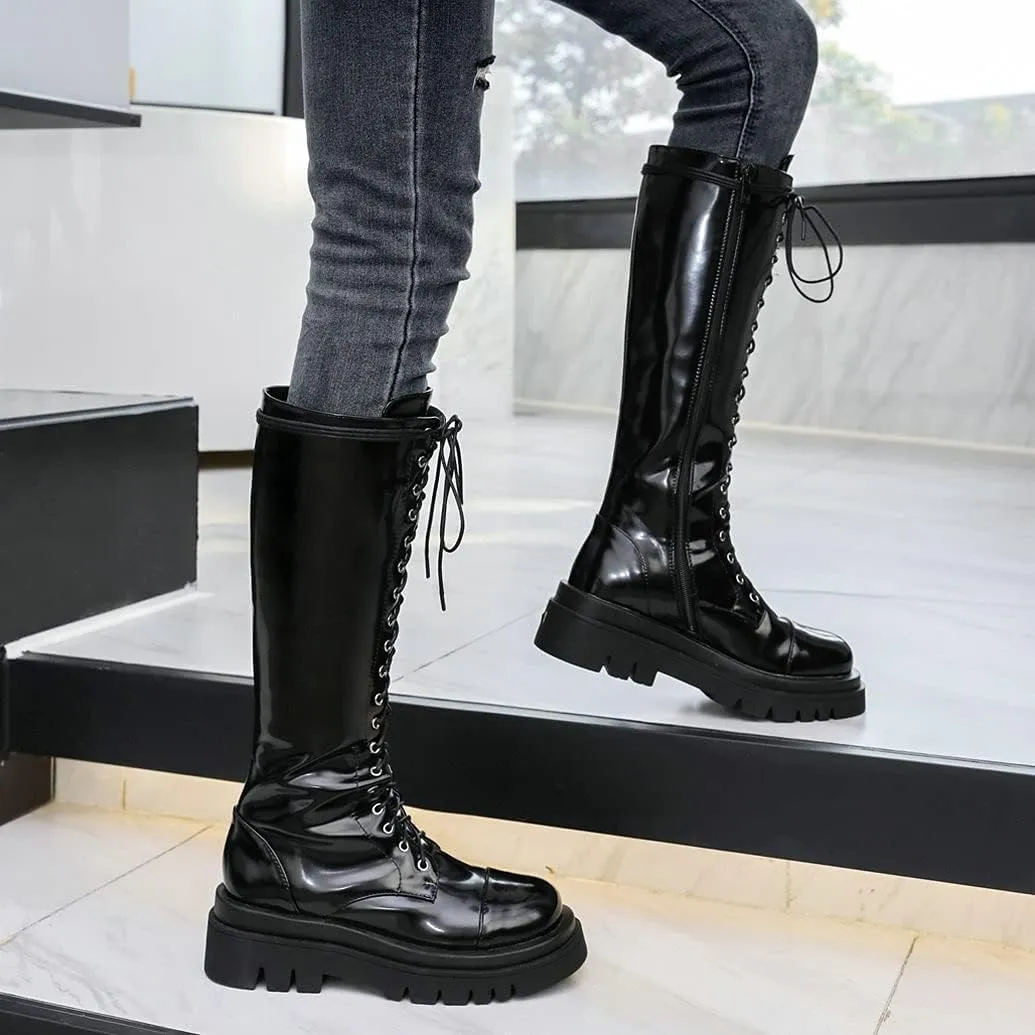 Meefit Women Goth Knee High Platform Boots Lace Up Chunky Heel Combat Tall Boots
