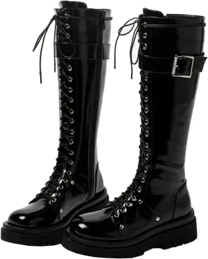 Meefit Women Goth Knee High Platform Boots Lace Up Chunky Heel Combat Tall Boots