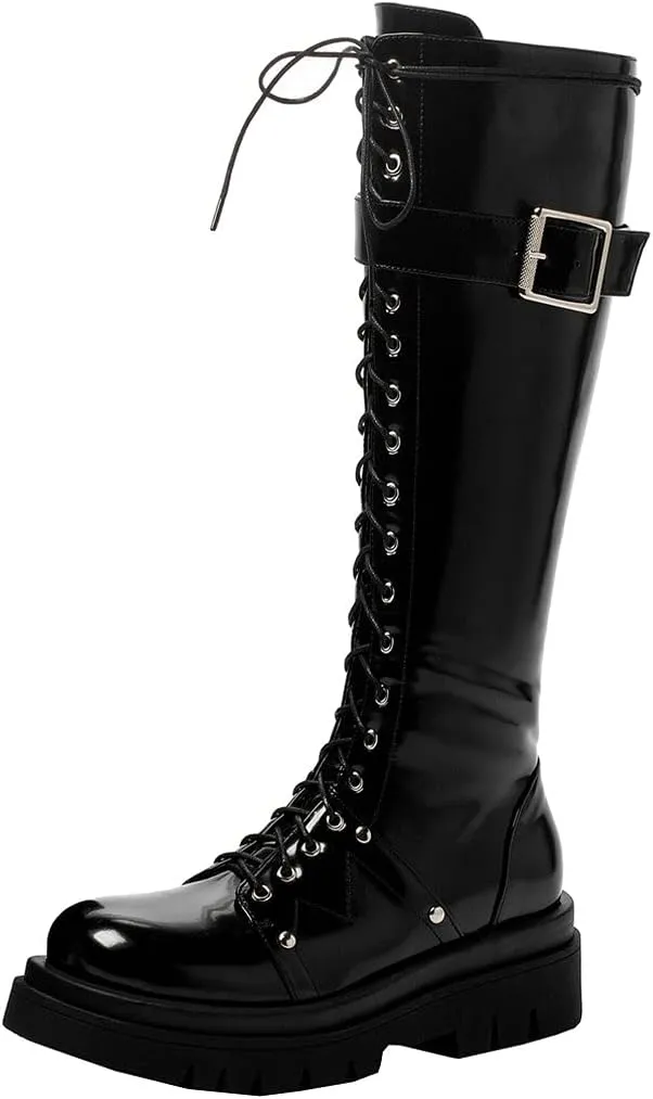 Meefit Women Goth Knee High Platform Boots Lace Up Chunky Heel Combat Tall Boots