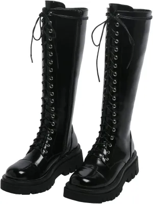 Meefit Women Goth Knee High Platform Boots Lace Up Chunky Heel Combat Tall Boots
