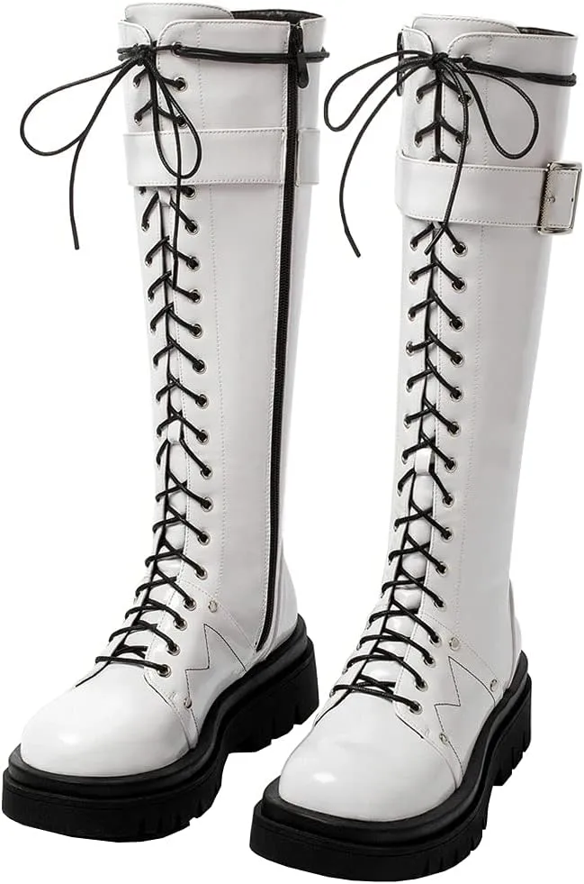 Meefit Women Goth Knee High Platform Boots Lace Up Chunky Heel Combat Tall Boots