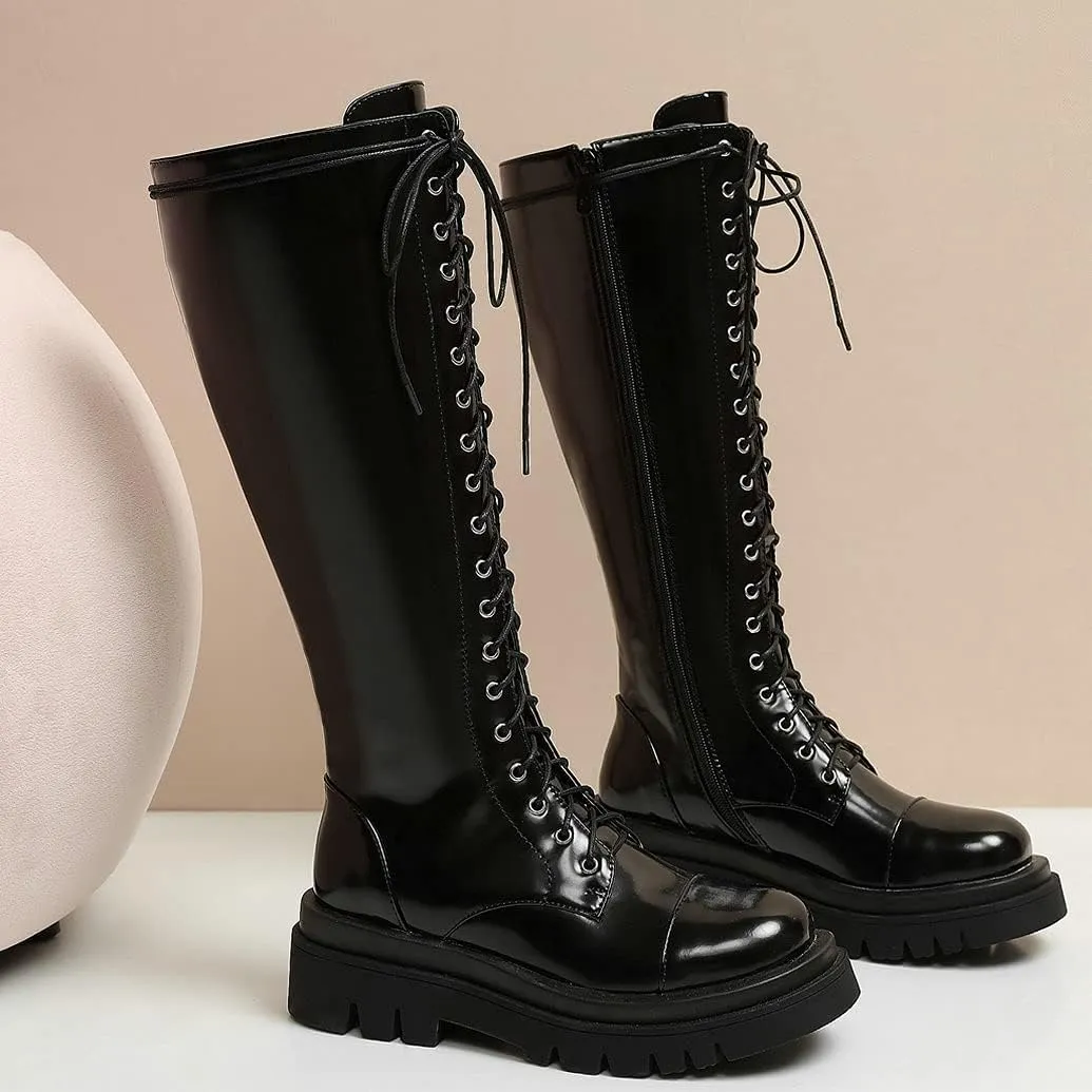 Meefit Women Goth Knee High Platform Boots Lace Up Chunky Heel Combat Tall Boots