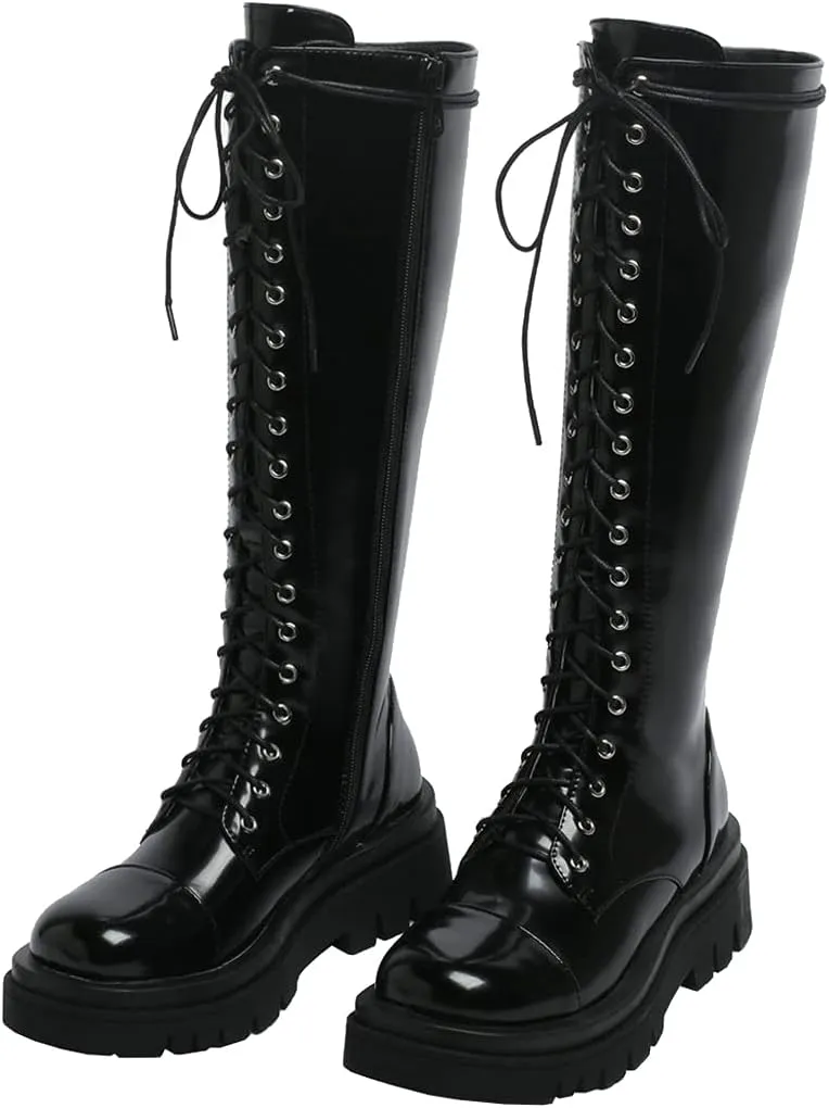 Meefit Women Goth Knee High Platform Boots Lace Up Chunky Heel Combat Tall Boots