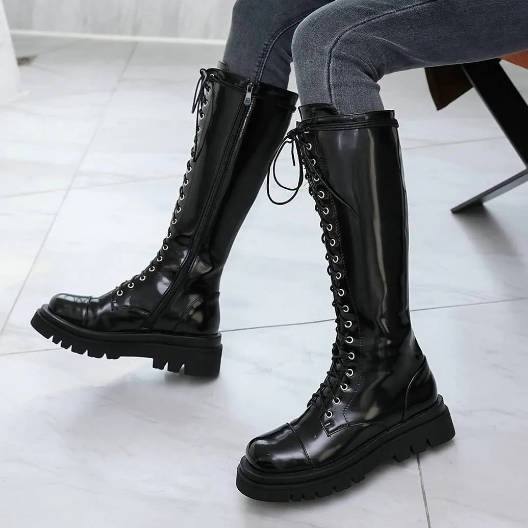 Meefit Women Goth Knee High Platform Boots Lace Up Chunky Heel Combat Tall Boots
