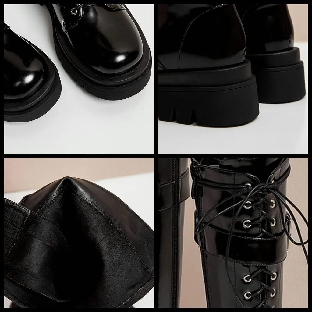 Meefit Women Goth Knee High Platform Boots Lace Up Chunky Heel Combat Tall Boots
