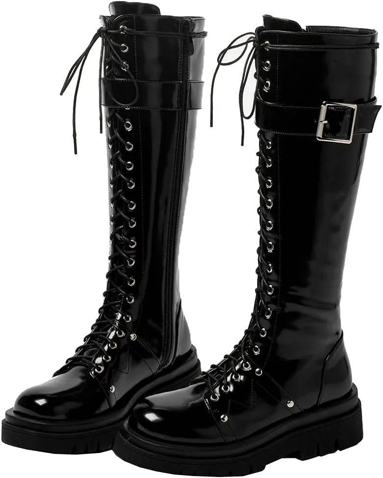 Meefit Women Goth Knee High Platform Boots Lace Up Chunky Heel Combat Tall Boots