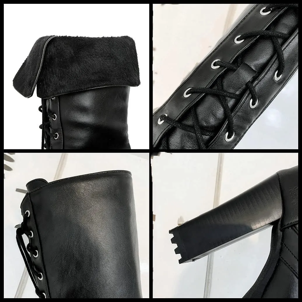 Meefit Women Lace Up Knee High Combat Boots Platform Block High Heel Military Boots