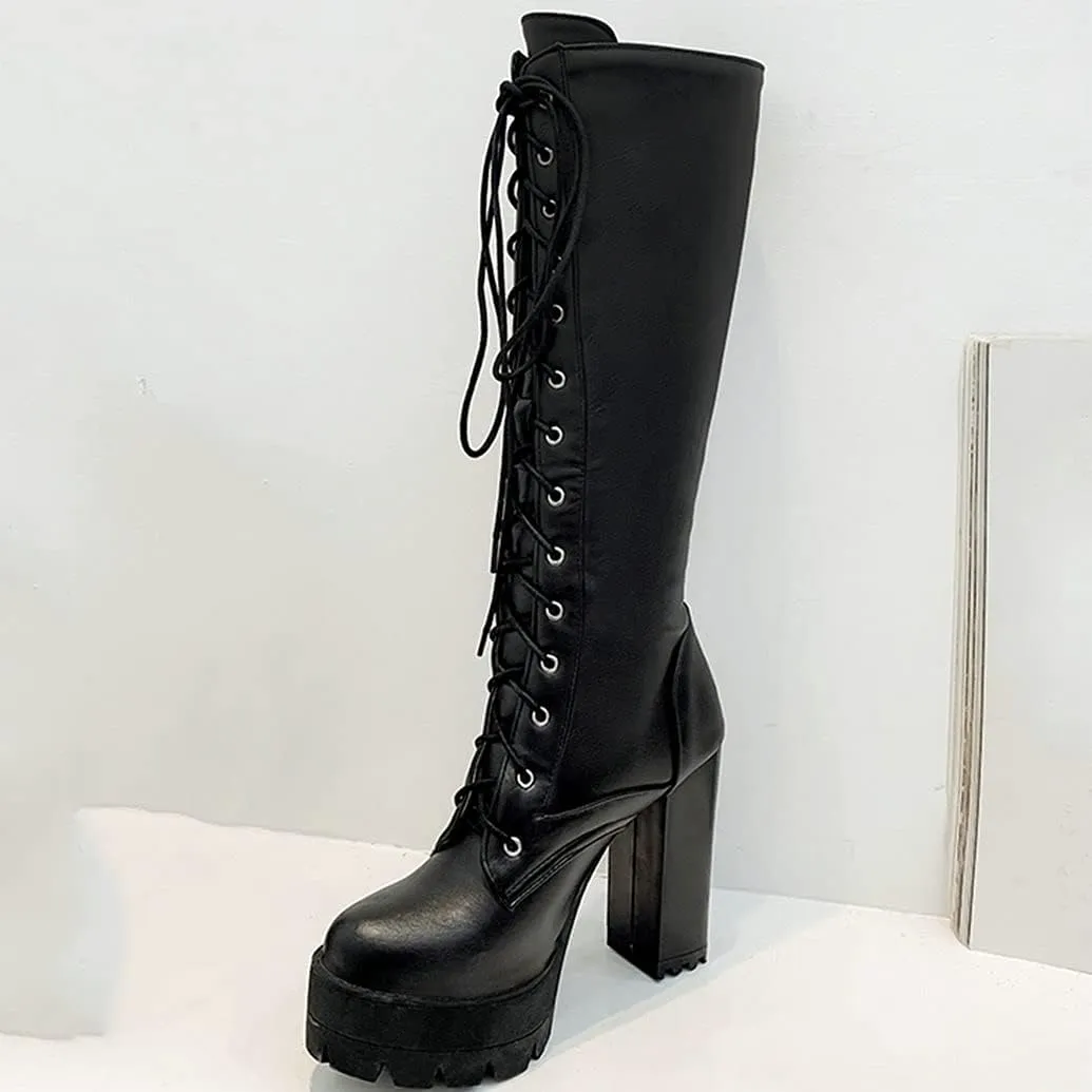Meefit Women Lace Up Knee High Combat Boots Platform Block High Heel Military Boots