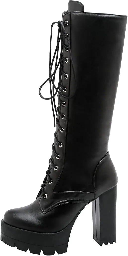 Meefit Women Lace Up Knee High Combat Boots Platform Block High Heel Military Boots