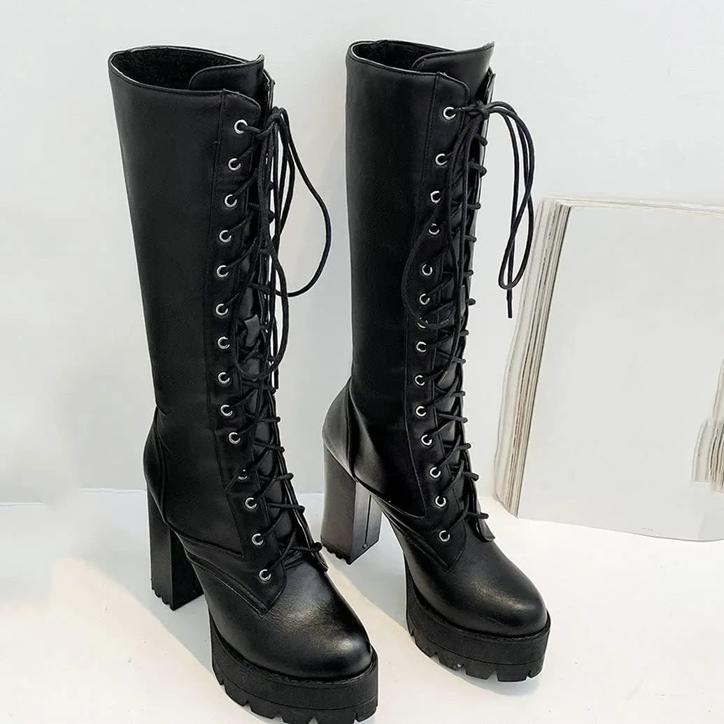 Meefit Women Lace Up Knee High Combat Boots Platform Block High Heel Military Boots
