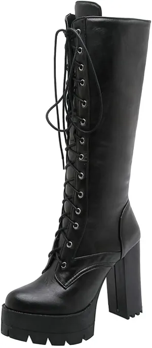 Meefit Women Lace Up Knee High Combat Boots Platform Block High Heel Military Boots