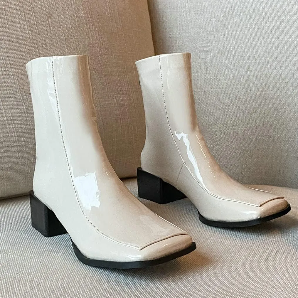 Meefit Women Low Heel Patent Leather Gogo Boots Square Toe Chunky Heel Ankle Boots