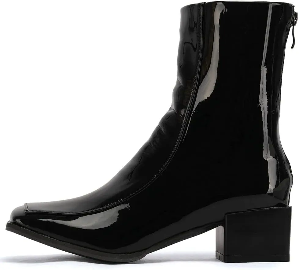 Meefit Women Low Heel Patent Leather Gogo Boots Square Toe Chunky Heel Ankle Boots
