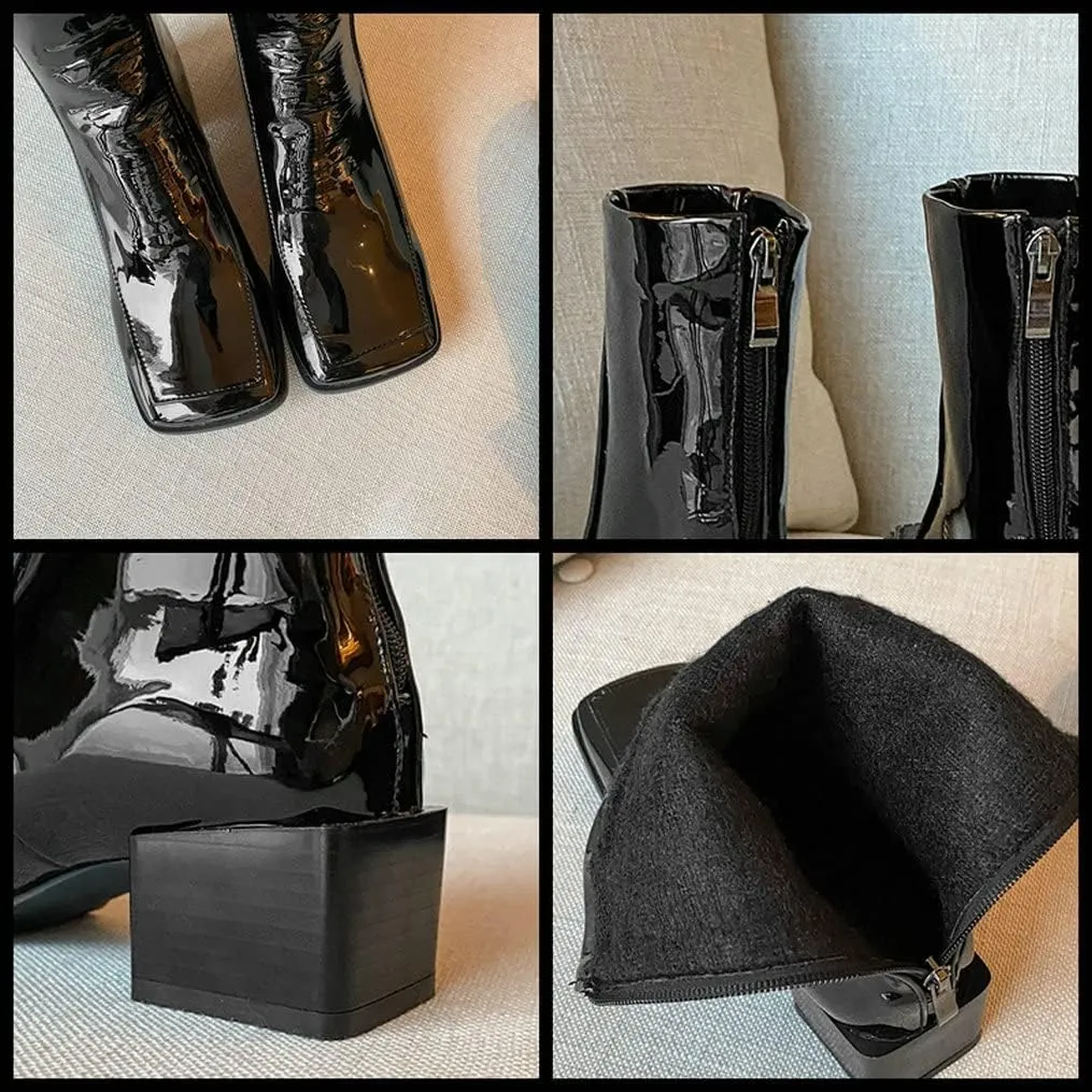 Meefit Women Low Heel Patent Leather Gogo Boots Square Toe Chunky Heel Ankle Boots